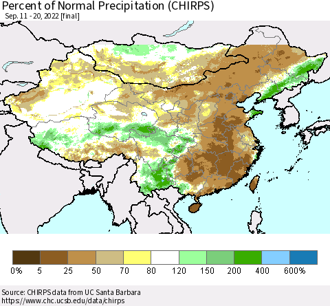 China and Taiwan Percent of Normal Precipitation (CHIRPS) Thematic Map For 9/11/2022 - 9/20/2022