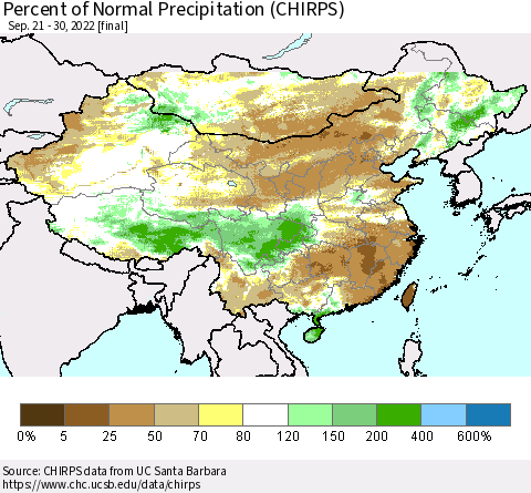 China and Taiwan Percent of Normal Precipitation (CHIRPS) Thematic Map For 9/21/2022 - 9/30/2022