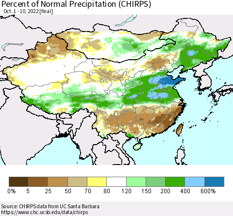 China and Taiwan Percent of Normal Precipitation (CHIRPS) Thematic Map For 10/1/2022 - 10/10/2022