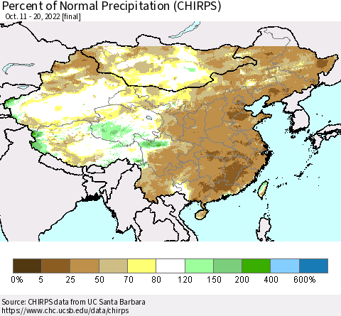 China and Taiwan Percent of Normal Precipitation (CHIRPS) Thematic Map For 10/11/2022 - 10/20/2022