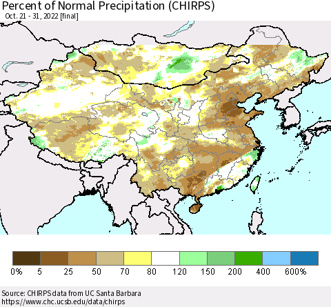 China and Taiwan Percent of Normal Precipitation (CHIRPS) Thematic Map For 10/21/2022 - 10/31/2022