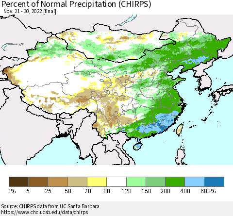 China and Taiwan Percent of Normal Precipitation (CHIRPS) Thematic Map For 11/21/2022 - 11/30/2022