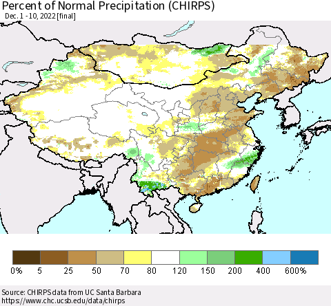 China and Taiwan Percent of Normal Precipitation (CHIRPS) Thematic Map For 12/1/2022 - 12/10/2022