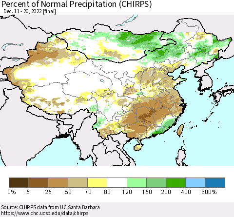 China and Taiwan Percent of Normal Precipitation (CHIRPS) Thematic Map For 12/11/2022 - 12/20/2022