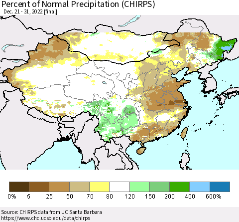 China and Taiwan Percent of Normal Precipitation (CHIRPS) Thematic Map For 12/21/2022 - 12/31/2022
