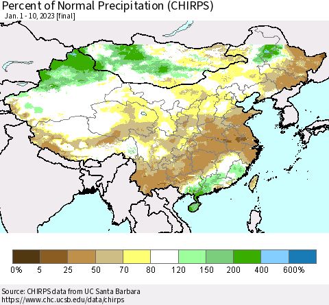 China and Taiwan Percent of Normal Precipitation (CHIRPS) Thematic Map For 1/1/2023 - 1/10/2023