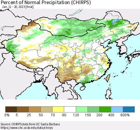 China and Taiwan Percent of Normal Precipitation (CHIRPS) Thematic Map For 1/11/2023 - 1/20/2023
