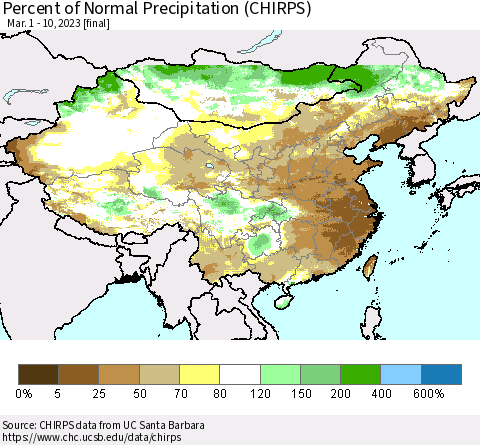 China and Taiwan Percent of Normal Precipitation (CHIRPS) Thematic Map For 3/1/2023 - 3/10/2023