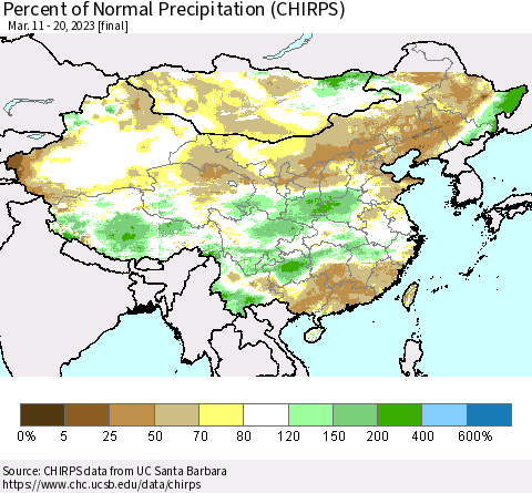 China and Taiwan Percent of Normal Precipitation (CHIRPS) Thematic Map For 3/11/2023 - 3/20/2023