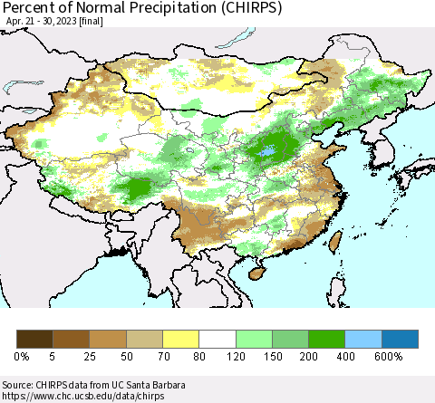 China and Taiwan Percent of Normal Precipitation (CHIRPS) Thematic Map For 4/21/2023 - 4/30/2023