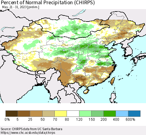 China and Taiwan Percent of Normal Precipitation (CHIRPS) Thematic Map For 5/21/2023 - 5/31/2023