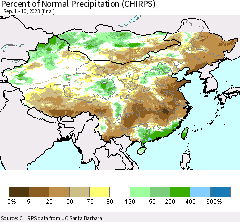 China, Mongolia and Taiwan Percent of Normal Precipitation (CHIRPS) Thematic Map For 9/1/2023 - 9/10/2023