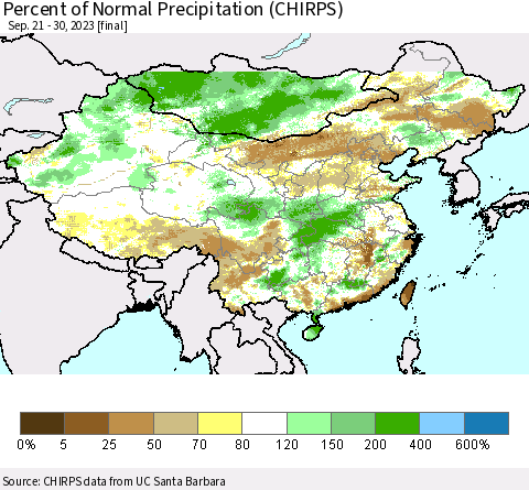 China, Mongolia and Taiwan Percent of Normal Precipitation (CHIRPS) Thematic Map For 9/21/2023 - 9/30/2023