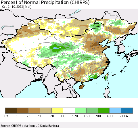 China, Mongolia and Taiwan Percent of Normal Precipitation (CHIRPS) Thematic Map For 10/1/2023 - 10/10/2023