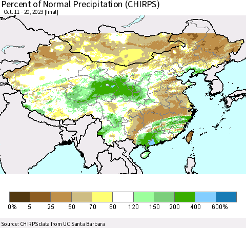 China, Mongolia and Taiwan Percent of Normal Precipitation (CHIRPS) Thematic Map For 10/11/2023 - 10/20/2023
