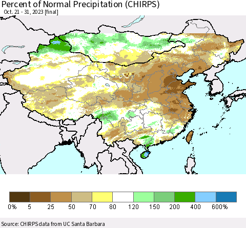 China, Mongolia and Taiwan Percent of Normal Precipitation (CHIRPS) Thematic Map For 10/21/2023 - 10/31/2023