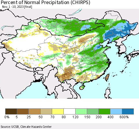 China, Mongolia and Taiwan Percent of Normal Precipitation (CHIRPS) Thematic Map For 11/1/2023 - 11/10/2023