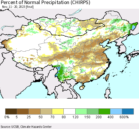 China, Mongolia and Taiwan Percent of Normal Precipitation (CHIRPS) Thematic Map For 11/11/2023 - 11/20/2023