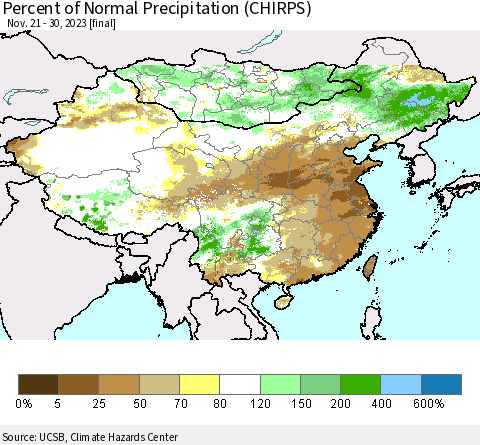 China, Mongolia and Taiwan Percent of Normal Precipitation (CHIRPS) Thematic Map For 11/21/2023 - 11/30/2023
