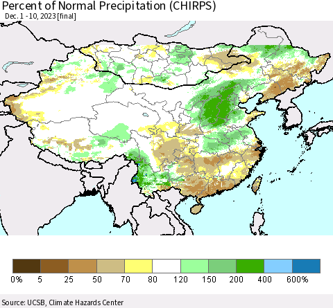 China, Mongolia and Taiwan Percent of Normal Precipitation (CHIRPS) Thematic Map For 12/1/2023 - 12/10/2023