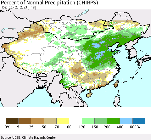 China, Mongolia and Taiwan Percent of Normal Precipitation (CHIRPS) Thematic Map For 12/11/2023 - 12/20/2023