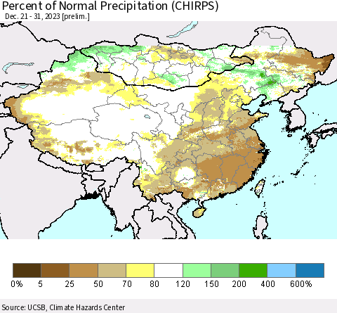 China, Mongolia and Taiwan Percent of Normal Precipitation (CHIRPS) Thematic Map For 12/21/2023 - 12/31/2023