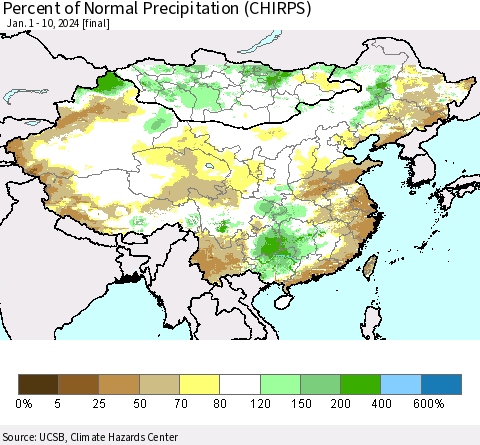 China, Mongolia and Taiwan Percent of Normal Precipitation (CHIRPS) Thematic Map For 1/1/2024 - 1/10/2024