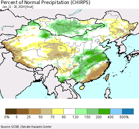China, Mongolia and Taiwan Percent of Normal Precipitation (CHIRPS) Thematic Map For 1/11/2024 - 1/20/2024