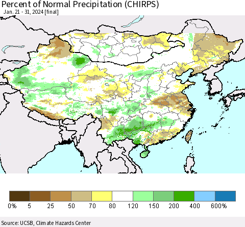 China, Mongolia and Taiwan Percent of Normal Precipitation (CHIRPS) Thematic Map For 1/21/2024 - 1/31/2024