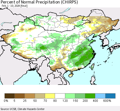 China, Mongolia and Taiwan Percent of Normal Precipitation (CHIRPS) Thematic Map For 2/1/2024 - 2/10/2024