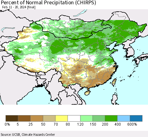 China, Mongolia and Taiwan Percent of Normal Precipitation (CHIRPS) Thematic Map For 2/11/2024 - 2/20/2024