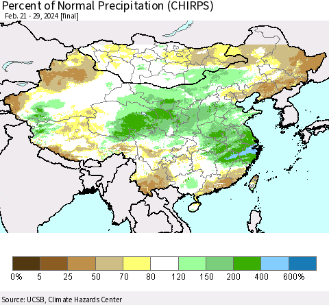 China, Mongolia and Taiwan Percent of Normal Precipitation (CHIRPS) Thematic Map For 2/21/2024 - 2/29/2024