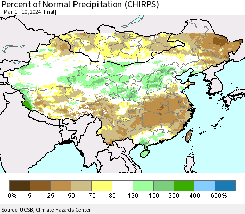 China, Mongolia and Taiwan Percent of Normal Precipitation (CHIRPS) Thematic Map For 3/1/2024 - 3/10/2024