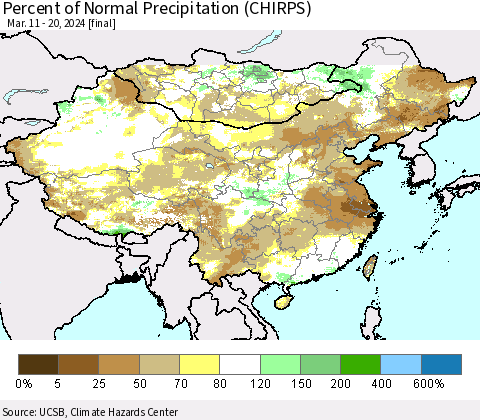 China, Mongolia and Taiwan Percent of Normal Precipitation (CHIRPS) Thematic Map For 3/11/2024 - 3/20/2024