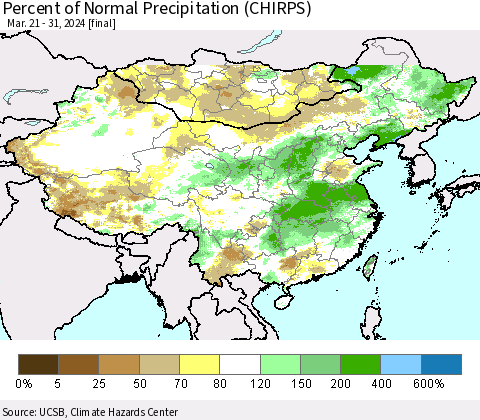 China, Mongolia and Taiwan Percent of Normal Precipitation (CHIRPS) Thematic Map For 3/21/2024 - 3/31/2024