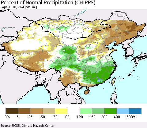 China, Mongolia and Taiwan Percent of Normal Precipitation (CHIRPS) Thematic Map For 4/1/2024 - 4/10/2024