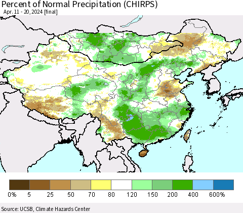 China, Mongolia and Taiwan Percent of Normal Precipitation (CHIRPS) Thematic Map For 4/11/2024 - 4/20/2024