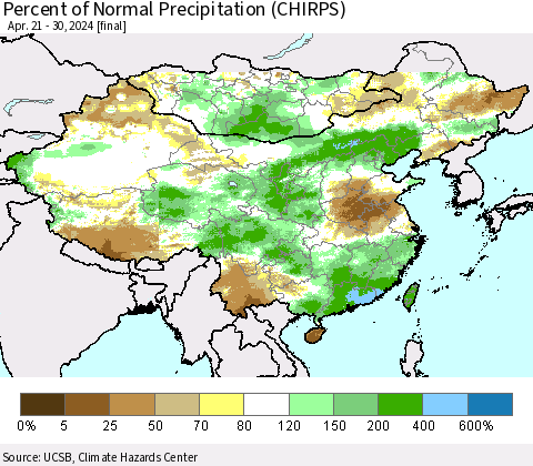 China, Mongolia and Taiwan Percent of Normal Precipitation (CHIRPS) Thematic Map For 4/21/2024 - 4/30/2024