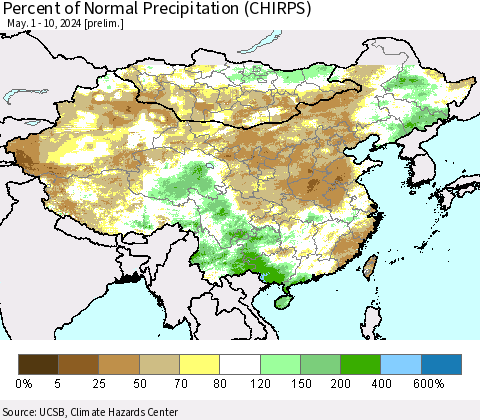 China, Mongolia and Taiwan Percent of Normal Precipitation (CHIRPS) Thematic Map For 5/1/2024 - 5/10/2024