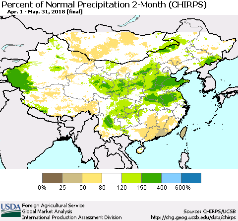 China, Mongolia and Taiwan Percent of Normal Precipitation 2-Month (CHIRPS) Thematic Map For 4/1/2018 - 5/31/2018