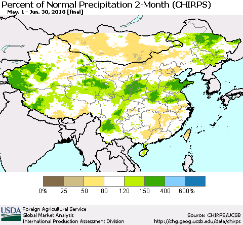 China, Mongolia and Taiwan Percent of Normal Precipitation 2-Month (CHIRPS) Thematic Map For 5/1/2018 - 6/30/2018
