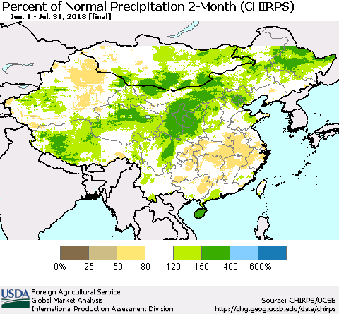 China, Mongolia and Taiwan Percent of Normal Precipitation 2-Month (CHIRPS) Thematic Map For 6/1/2018 - 7/31/2018