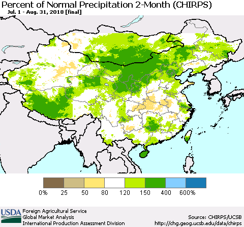 China, Mongolia and Taiwan Percent of Normal Precipitation 2-Month (CHIRPS) Thematic Map For 7/1/2018 - 8/31/2018