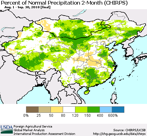 China, Mongolia and Taiwan Percent of Normal Precipitation 2-Month (CHIRPS) Thematic Map For 8/1/2018 - 9/30/2018