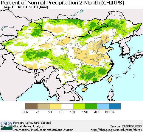 China and Taiwan Percent of Normal Precipitation 2-Month (CHIRPS) Thematic Map For 9/1/2018 - 10/31/2018