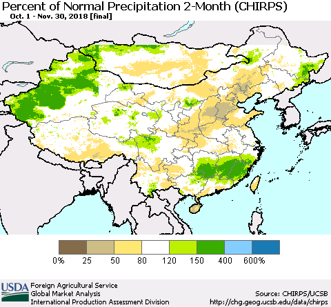 China, Mongolia and Taiwan Percent of Normal Precipitation 2-Month (CHIRPS) Thematic Map For 10/1/2018 - 11/30/2018