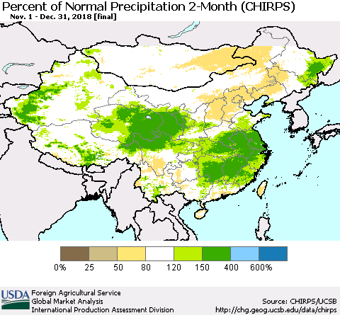 China and Taiwan Percent of Normal Precipitation 2-Month (CHIRPS) Thematic Map For 11/1/2018 - 12/31/2018