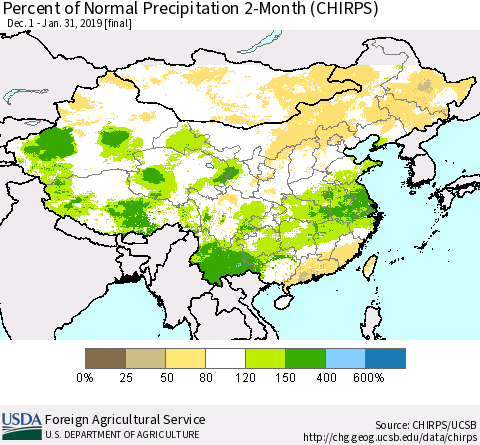 China and Taiwan Percent of Normal Precipitation 2-Month (CHIRPS) Thematic Map For 12/1/2018 - 1/31/2019