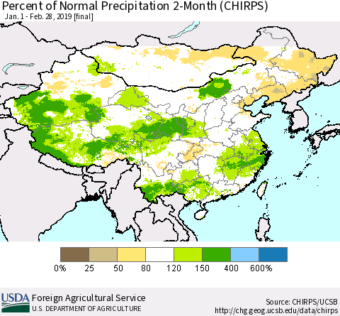 China and Taiwan Percent of Normal Precipitation 2-Month (CHIRPS) Thematic Map For 1/1/2019 - 2/28/2019