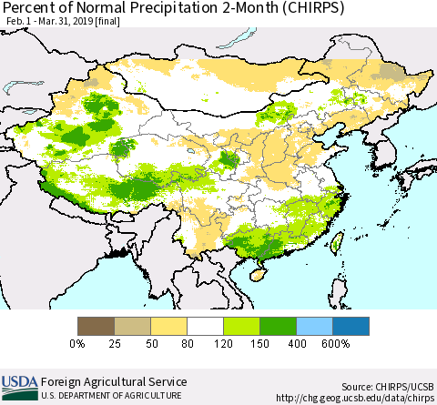 China, Mongolia and Taiwan Percent of Normal Precipitation 2-Month (CHIRPS) Thematic Map For 2/1/2019 - 3/31/2019